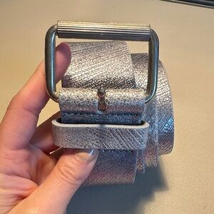 Silver Women’s Metallic Genuine Leather Belt with Brushed Metal Buckle